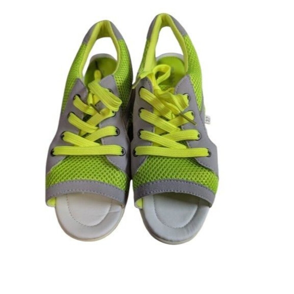 Neon Green Grey Mesh Platform Sneaker Sandals Chunky Wedge Slingback Size 6.5 - Picture 3 of 11